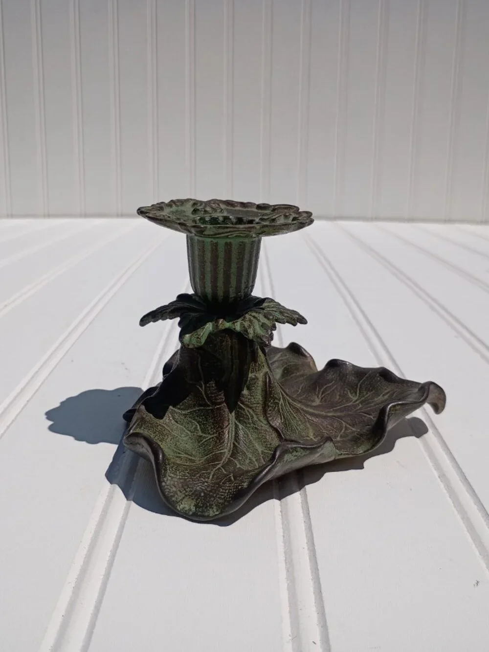 Vintage Cast Brass Taper Candle Holder Floral Leaf Verdigris Green Bronze Dish